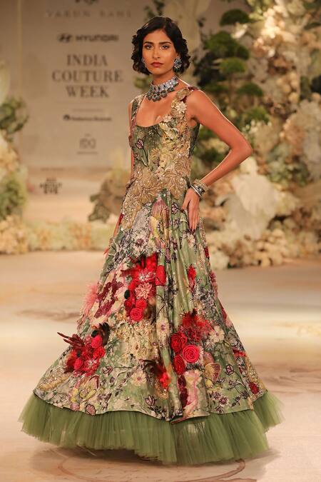 Varun Bahl_Green Silk, Tulle Embroidery, Sequins V-neck Botanic Print Corsage Gown _Online_at_Aza_Fashions