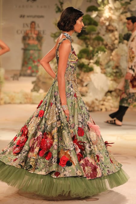 Shop_Varun Bahl_Green Silk, Tulle Embroidery, Sequins V-neck Botanic Print Corsage Gown _Online_at_Aza_Fashions