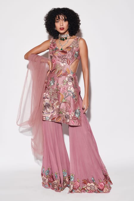 Shop Varun Bahl Pink Silk, Georgette, Organza Blossom Print Cut-out Kurta Sharara Set at Aza Fashions Shop_Varun Bahl_Pink Silk, Georgette, Organza Blossom Print Cut-out Kurta Sharara Set _at_Aza_Fashions