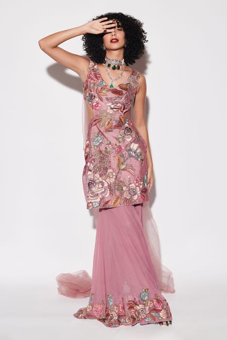 Varun Bahl Pink Silk, Georgette, Organza Blossom Print Cut-out Kurta Sharara Set Online at Aza Fashions Varun Bahl_Pink Silk, Georgette, Organza Blossom Print Cut-out Kurta Sharara Set _Online_at_Aza_Fashions