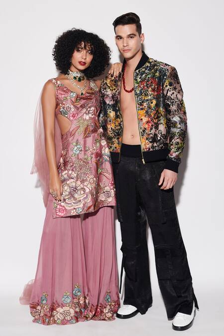 Shop Varun Bahl Pink Silk, Georgette, Organza Blossom Print Cut-out Kurta Sharara Set Online at Aza Fashions Shop_Varun Bahl_Pink Silk, Georgette, Organza Blossom Print Cut-out Kurta Sharara Set _Online_at_Aza_Fashions