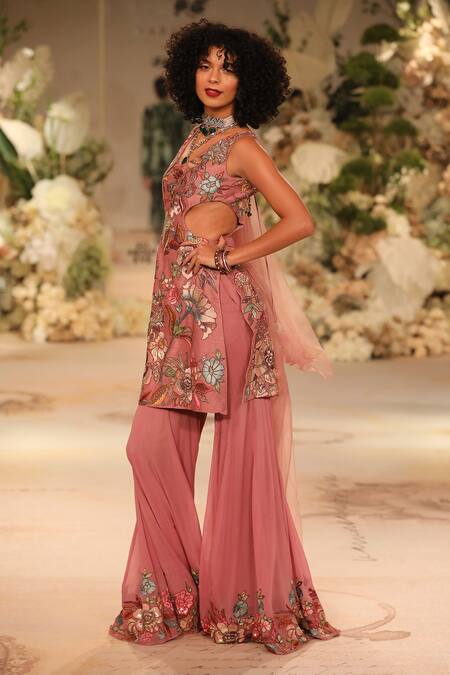 Varun Bahl_Pink Silk, Georgette, Organza Blossom Print Cut-out Kurta Sharara Set _at_Aza_Fashions