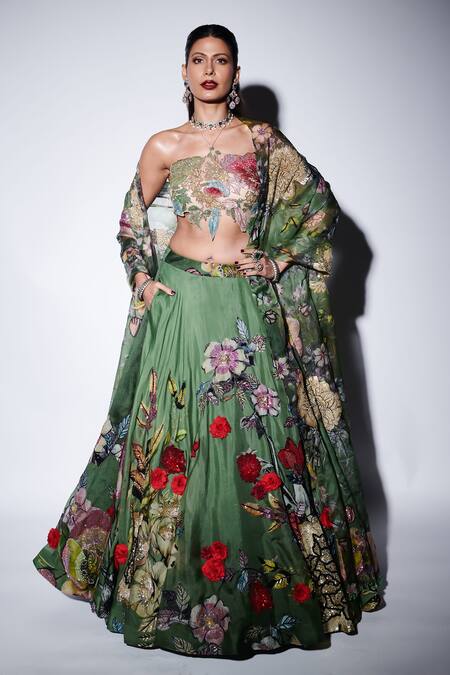 Varun Bahl Green Organza Embroidery, Applique, Sequins Floral Blossom Print Lehenga Set Online at Aza Fashions Varun Bahl_Green Organza Embroidery, Applique, Sequins Floral Blossom Print Lehenga Set _Online_at_Aza_Fashions