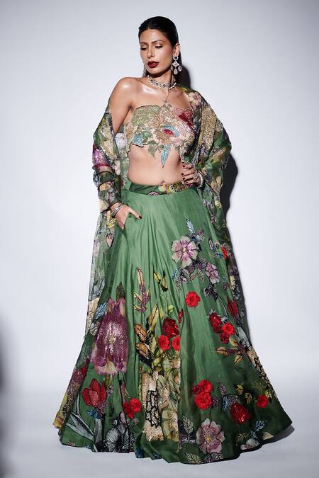 Buy Varun Bahl Green Organza Embroidery, Applique, Sequins Floral Blossom Print Lehenga Set Online at Aza Fashions Buy_Varun Bahl_Green Organza Embroidery, Applique, Sequins Floral Blossom Print Lehenga Set _Online_at_Aza_Fashions