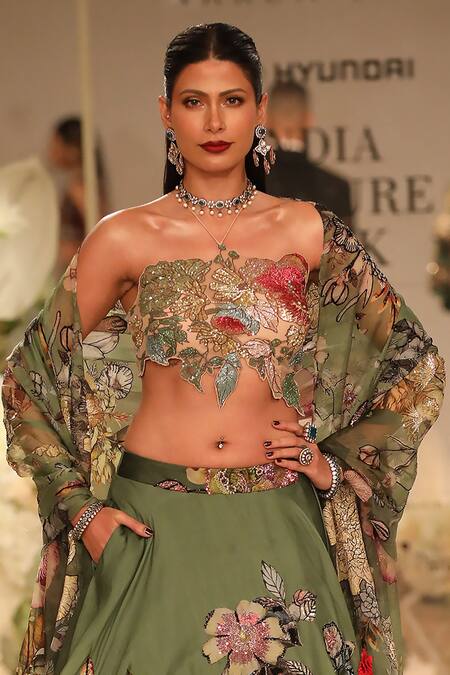 Shop Varun Bahl Green Organza Embroidery, Applique, Sequins Floral Blossom Print Lehenga Set Online at Aza Fashions Shop_Varun Bahl_Green Organza Embroidery, Applique, Sequins Floral Blossom Print Lehenga Set _Online_at_Aza_Fashions