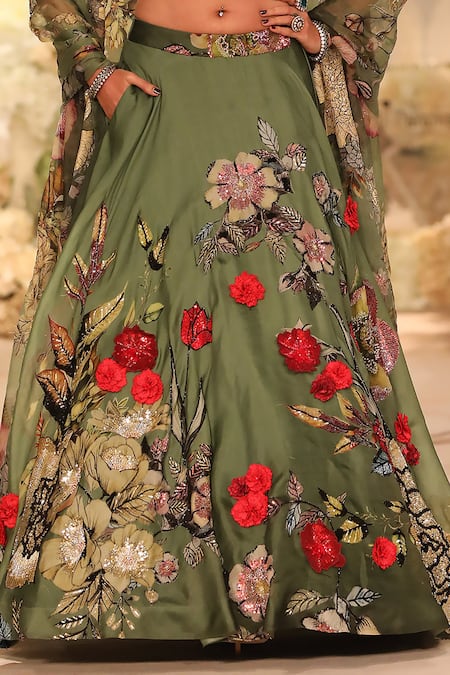 Varun Bahl Green Organza Embroidery, Applique, Sequins Floral Blossom Print Lehenga Set at Aza Fashions Varun Bahl_Green Organza Embroidery, Applique, Sequins Floral Blossom Print Lehenga Set _at_Aza_Fashions