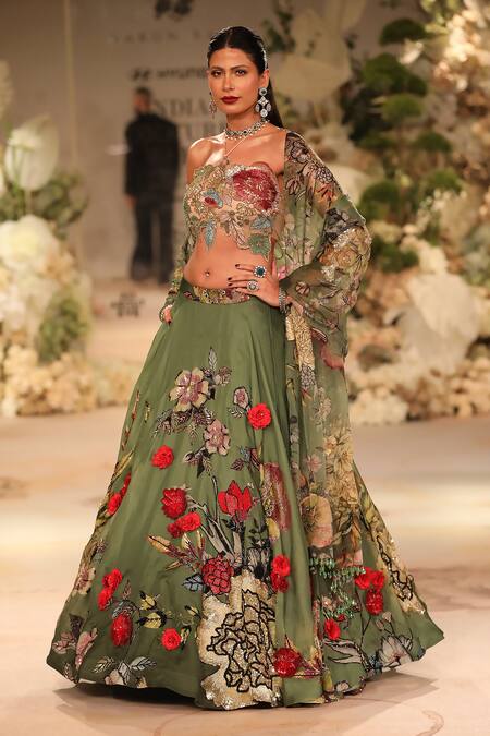 Buy_Varun Bahl_Green Organza Embroidery, Applique, Sequins Floral Blossom Print Lehenga Set 