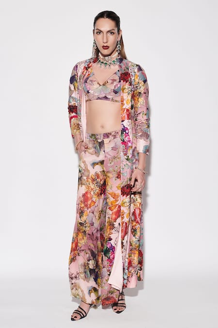 Shop Varun Bahl Pink Silk, Georgette Sequins V-neck, Mandarin Embellished Long Jacket Pant Set at Aza Fashions Shop_Varun Bahl_Pink Silk, Georgette Sequins V-neck, Mandarin Embellished Long Jacket Pant Set _at_Aza_Fashions