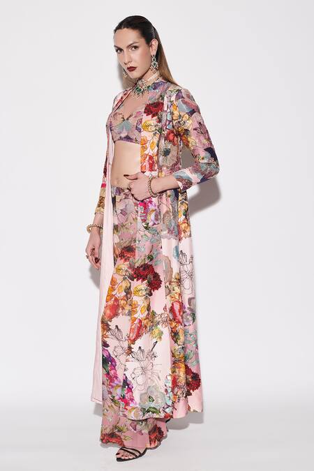 Varun Bahl Pink Silk, Georgette Sequins V-neck, Mandarin Embellished Long Jacket Pant Set Online at Aza Fashions Varun Bahl_Pink Silk, Georgette Sequins V-neck, Mandarin Embellished Long Jacket Pant Set _Online_at_Aza_Fashions