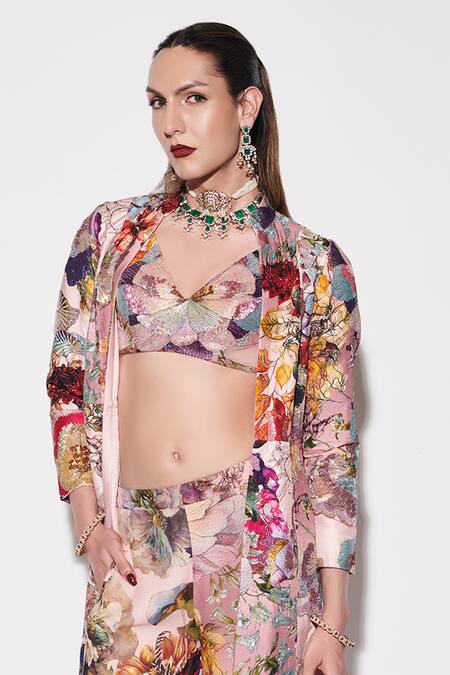 Shop Varun Bahl Pink Silk, Georgette Sequins V-neck, Mandarin Embellished Long Jacket Pant Set Online at Aza Fashions Shop_Varun Bahl_Pink Silk, Georgette Sequins V-neck, Mandarin Embellished Long Jacket Pant Set _Online_at_Aza_Fashions