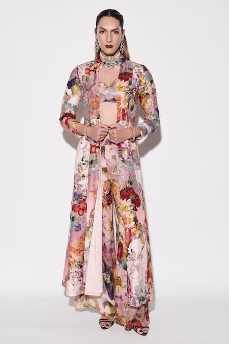 Varun Bahl Pink Silk, Georgette Sequins V-neck, Mandarin Embellished Long Jacket Pant Set at Aza Fashions Varun Bahl_Pink Silk, Georgette Sequins V-neck, Mandarin Embellished Long Jacket Pant Set _at_Aza_Fashions