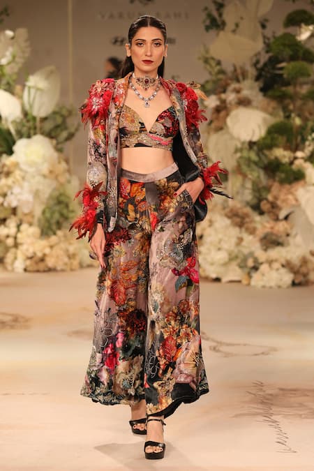 Varun Bahl Black Velvet Floral Print Jacket Pant Set 