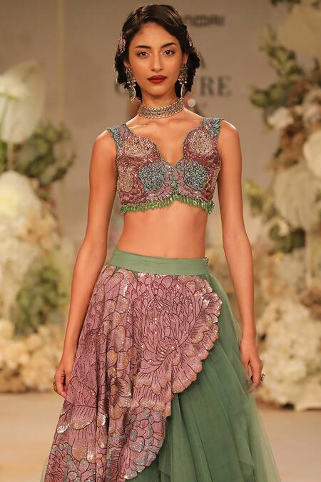Varun Bahl_Green Tulle Sequins, Applique, Embroidery V-neck Side Panel Lehenga With Blouse _Online_at_Aza_Fashions