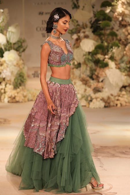 Buy_Varun Bahl_Green Tulle Sequins, Applique, Embroidery V-neck Side Panel Lehenga With Blouse _Online_at_Aza_Fashions