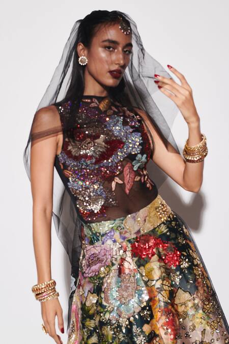 Buy_Varun Bahl_Black Tulle, Silk Sequins, Blossom Print Side Panel Skirt With Bodysuit _Online_at_Aza_Fashions