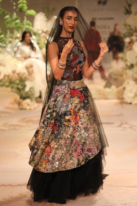 Varun Bahl_Black Tulle, Silk Sequins, Blossom Print Side Panel Skirt With Bodysuit _at_Aza_Fashions
