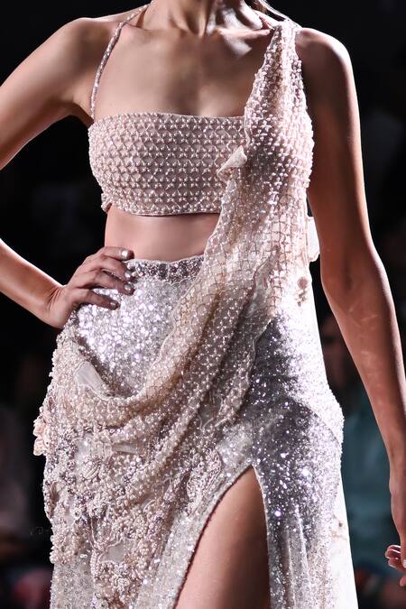 Dolly J_Beige Tulle Pearls, Sequins, Cut Elena Embroidered Pre-draped Saree With Blouse _Online_at_Aza_Fashions