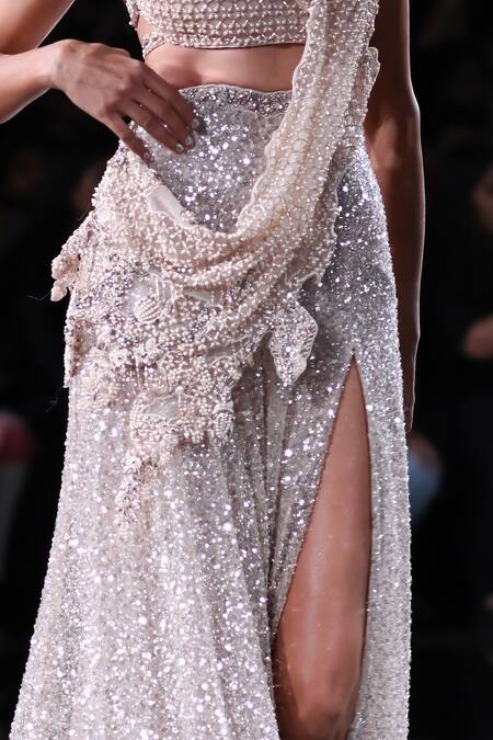 Buy_Dolly J_Beige Tulle Pearls, Sequins, Cut Elena Embroidered Pre-draped Saree With Blouse _Online_at_Aza_Fashions