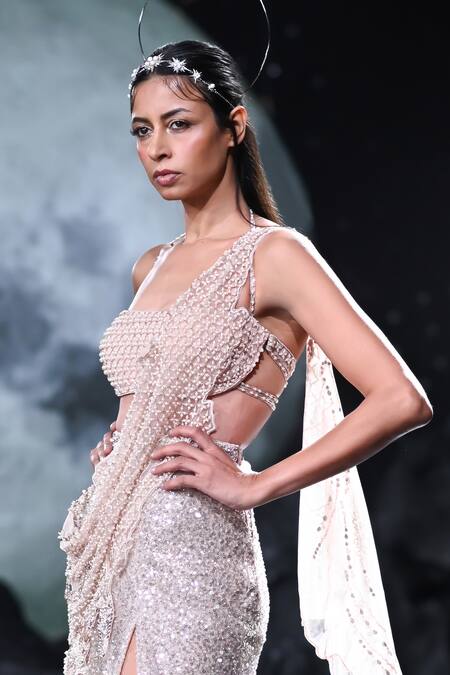 Shop_Dolly J_Beige Tulle Pearls, Sequins, Cut Elena Embroidered Pre-draped Saree With Blouse _Online_at_Aza_Fashions