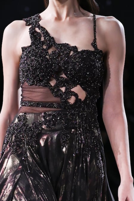 Dolly J_Brown Lurex Beads, Sequins, Pearls, Crystals Asymmetric Medea Embroidered Gown _Online_at_Aza_Fashions
