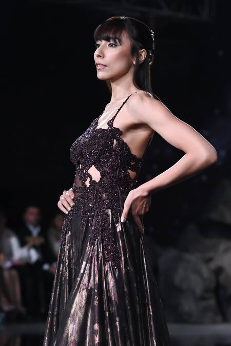 Buy_Dolly J_Brown Lurex Beads, Sequins, Pearls, Crystals Asymmetric Medea Embroidered Gown _Online_at_Aza_Fashions