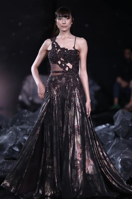 Shop_Dolly J_Brown Lurex Beads, Sequins, Pearls, Crystals Asymmetric Medea Embroidered Gown _Online_at_Aza_Fashions