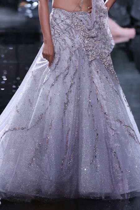 Dolly J_Purple Tulle, Silk Pearls, Crystals Sweetheart Daphne Embroidered Lehenga Set _Online_at_Aza_Fashions