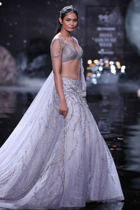 Dolly J_Purple Tulle, Silk Pearls, Crystals Sweetheart Daphne Embroidered Lehenga Set _at_Aza_Fashions