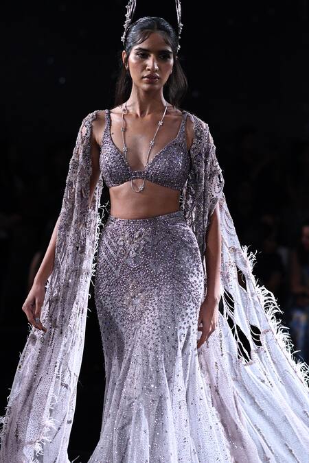 Dolly J Purple Tulle Embroidery, Pearls, Crystals Hestia Skirt Set With Cape Online at Aza Fashions Dolly J_Purple Tulle Embroidery, Pearls, Crystals Hestia Skirt Set With Cape _Online_at_Aza_Fashions