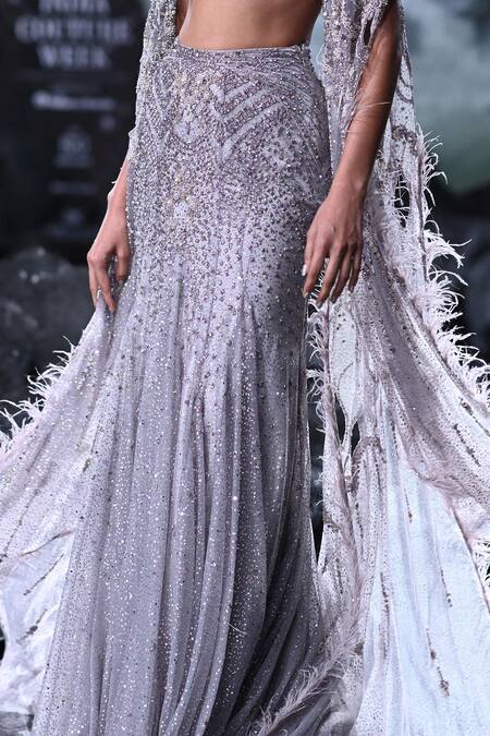 Shop Dolly J Purple Tulle Embroidery, Pearls, Crystals Hestia Skirt Set With Cape Online at Aza Fashions Shop_Dolly J_Purple Tulle Embroidery, Pearls, Crystals Hestia Skirt Set With Cape _Online_at_Aza_Fashions