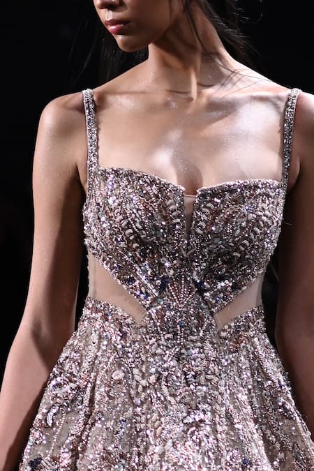 Dolly J_Beige Tulle Sequins, Beads, Crystals Alexandra Floral Embroidered Gown _Online_at_Aza_Fashions