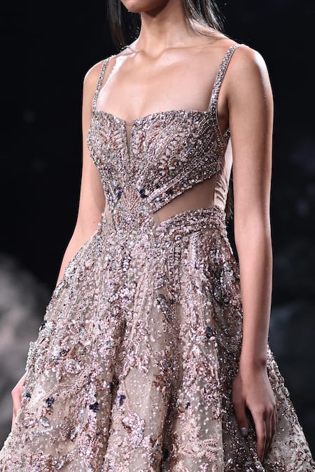 Buy_Dolly J_Beige Tulle Sequins, Beads, Crystals Alexandra Floral Embroidered Gown 