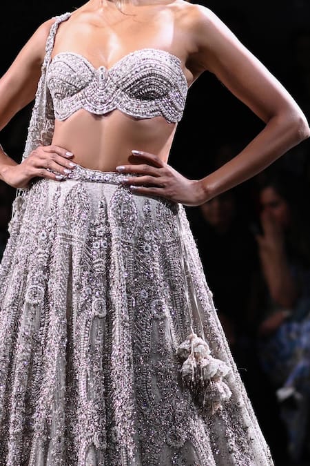 Shop_Dolly J_Ivory Tulle, Silk Pearls, Crystals, Beads Pandora Embroidered Lehenga Set _Online_at_Aza_Fashions