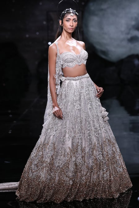 Dolly J_Ivory Tulle, Silk Pearls, Crystals, Beads Pandora Embroidered Lehenga Set _Online_at_Aza_Fashions