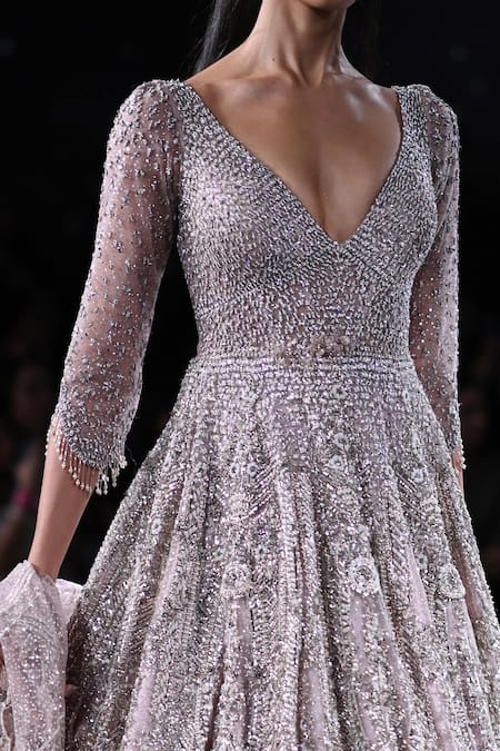 Dolly J_Pink Tulle Embroidery, Crystals, Pearls Plunge Europa Anarkali With Dupatta _Online_at_Aza_Fashions