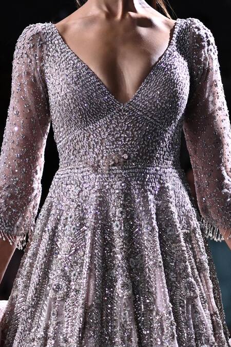 Buy_Dolly J_Pink Tulle Embroidery, Crystals, Pearls Plunge Europa Anarkali With Dupatta _Online_at_Aza_Fashions