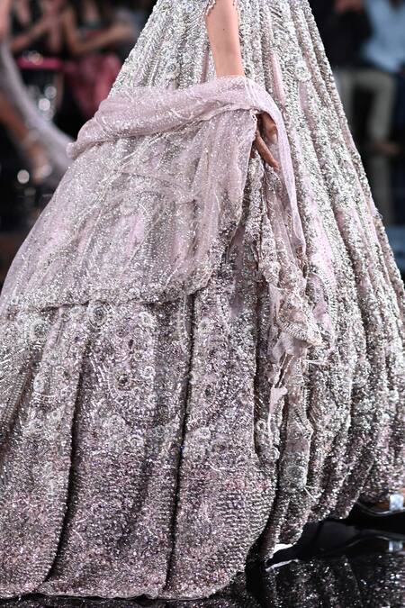 Dolly J_Pink Tulle Embroidery, Crystals, Pearls Plunge Europa Anarkali With Dupatta _at_Aza_Fashions