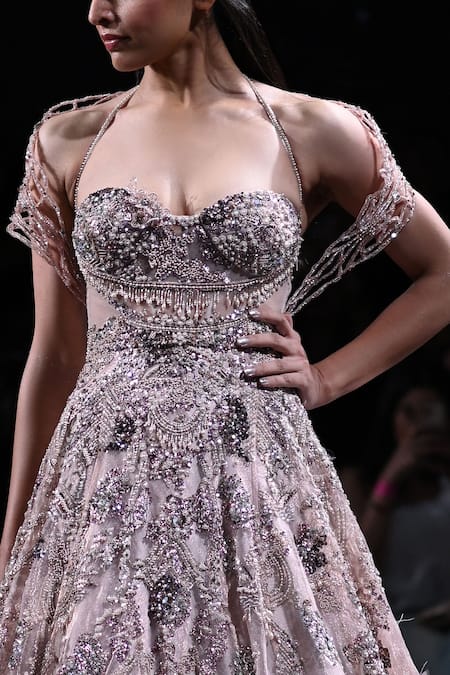 Buy_Dolly J_Pink Tissue Crystals, Pearls Sweetheart Neck Aris Metallic Embroidered Gown _Online_at_Aza_Fashions