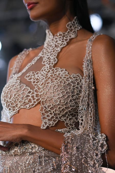 Buy Dolly J Ivory Tulle Crystals, Pearls Hecate Embroidered Lehenga Saree Set With Cape Online at Aza Fashions Buy_Dolly J_Ivory Tulle Crystals, Pearls Hecate Embroidered Lehenga Saree Set With Cape _Online_at_Aza_Fashions