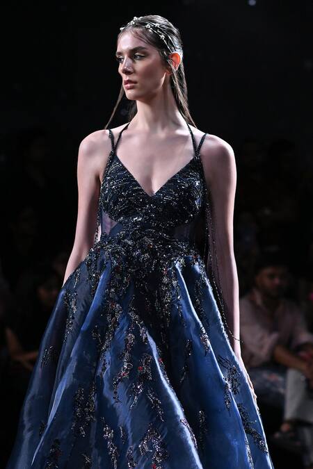 Dolly J_Blue Taffeta Beads, Sequins V-neck Dione Metallic Embroidered Gown_Online_at_Aza_Fashions