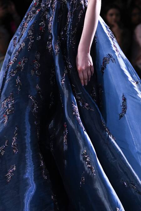 Buy_Dolly J_Blue Taffeta Beads, Sequins V-neck Dione Metallic Embroidered Gown_Online_at_Aza_Fashions