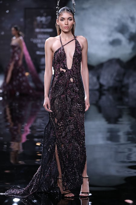 Buy Dolly J Black Tulle Crystals, Sequins, Beads Plunge Neck Iris Embroidered Cutwork Gown at Aza Fashions Buy_Dolly J_Black Tulle Crystals, Sequins, Beads Plunge Neck Iris Embroidered Cutwork Gown _at_Aza_Fashions