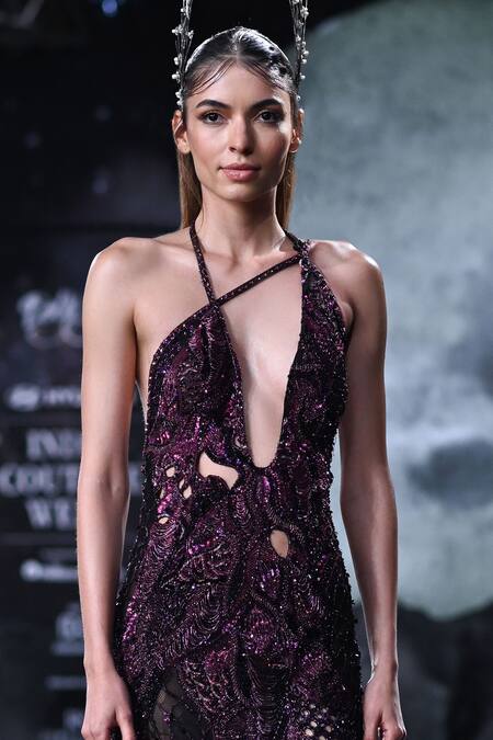 Dolly J Black Tulle Crystals, Sequins, Beads Plunge Neck Iris Embroidered Cutwork Gown Online at Aza Fashions Dolly J_Black Tulle Crystals, Sequins, Beads Plunge Neck Iris Embroidered Cutwork Gown _Online_at_Aza_Fashions