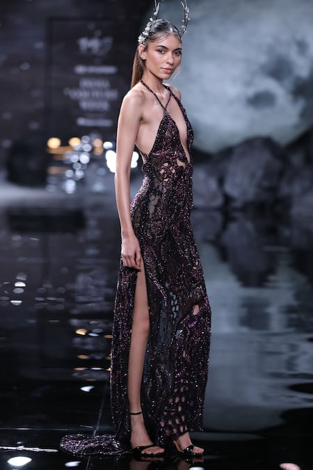 Shop Dolly J Black Tulle Crystals, Sequins, Beads Plunge Neck Iris Embroidered Cutwork Gown at Aza Fashions Shop_Dolly J_Black Tulle Crystals, Sequins, Beads Plunge Neck Iris Embroidered Cutwork Gown _at_Aza_Fashions