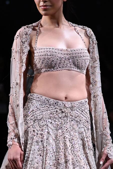 Dolly J_Silver Tulle Pearls, Sequins, Beads, Ophelia Embroidered Bridal Lehenga Set _Online_at_Aza_Fashions