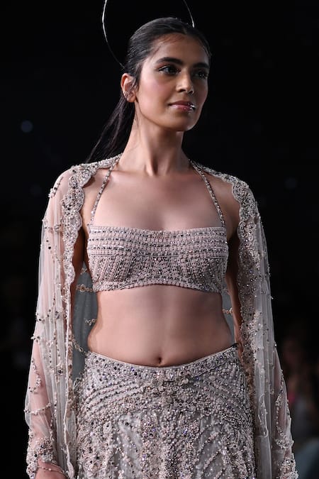 Buy_Dolly J_Silver Tulle Pearls, Sequins, Beads, Ophelia Embroidered Bridal Lehenga Set _Online_at_Aza_Fashions