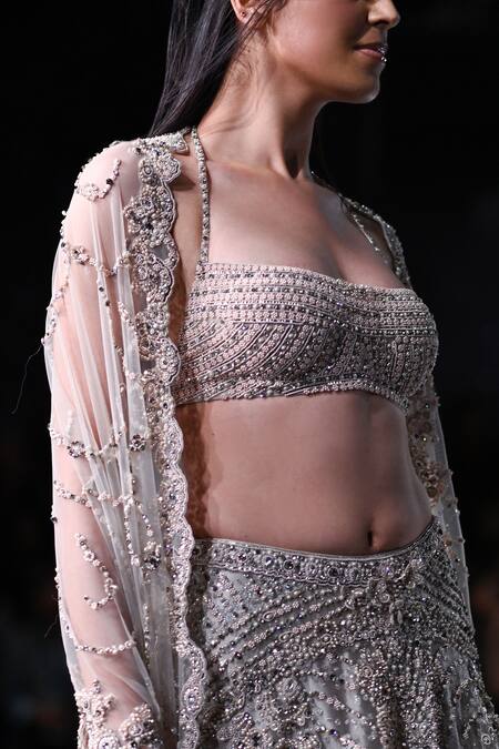 Shop_Dolly J_Silver Tulle Pearls, Sequins, Beads, Ophelia Embroidered Bridal Lehenga Set _Online_at_Aza_Fashions