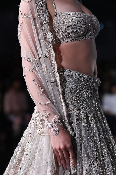 Dolly J_Silver Tulle Pearls, Sequins, Beads, Ophelia Embroidered Bridal Lehenga Set _at_Aza_Fashions