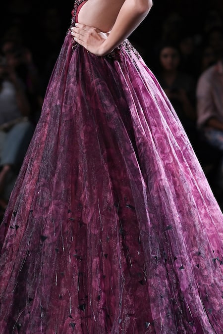 Dolly J_Maroon Organza Crystals, Embroidery Split V-neck Lone Floral Print Gown _Online_at_Aza_Fashions