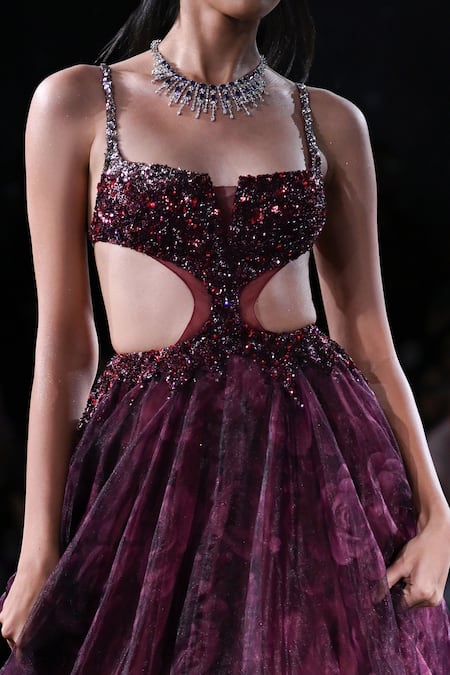 Buy_Dolly J_Maroon Organza Crystals, Embroidery Split V-neck Lone Floral Print Gown _Online_at_Aza_Fashions